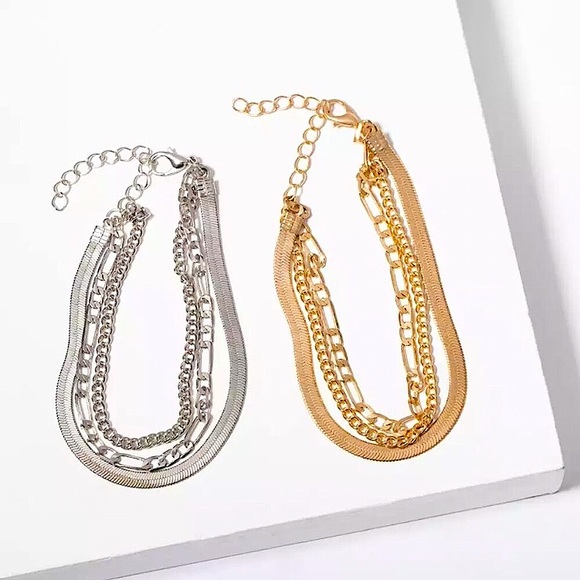 ⚜️[𝟯/$𝟮𝟴]⚜️3 Layered Silver Herringbone Figaro Bracelet NEW - Picture 7 of 11